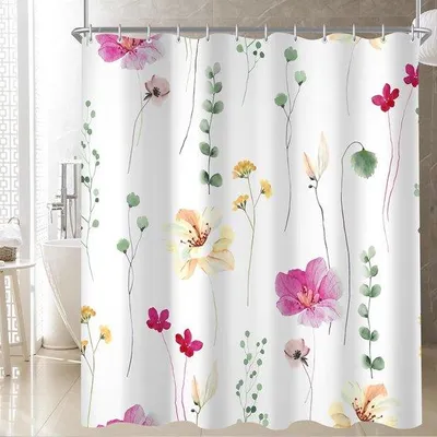 Produktbild von Ibenzoa® Duschvorhang 180 x 200 cm, Polyester mit rosa‑grünem Muster, schimmel- & wasserabweisend, 12 Kunststoffhaken, beschwerter Saum