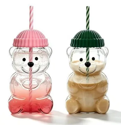Image de Lot de 2 gobelets ours avec paille, 600 ml, en verre borosilicaté avec couvercle, rose et vert