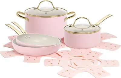 Paris Hilton   Kochgeschirr-Set 10-teilig  Aluminium & Keramik Antihaft-Beschichtung, Induktionsgeeignet, Spülmaschinenfest, in Pink/Creme/Gold