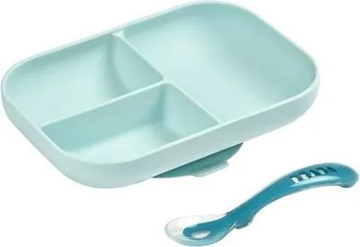 Produktbild von BEABA Baby Geschirr Set, Silikon, Mit Saugnapf, Anti-Rutsch, 3-Fach Teller + Löffel, Blau