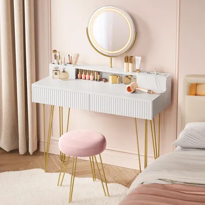 Productafbeelding van VASAGLE make-uptafel met kruk en spiegel, kaptafel met 2 lades