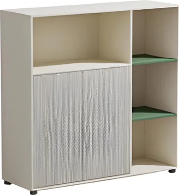 Image de Armoire de bureau modulaire beige avec espace de rangement et étagères pour un design de bureau moderne