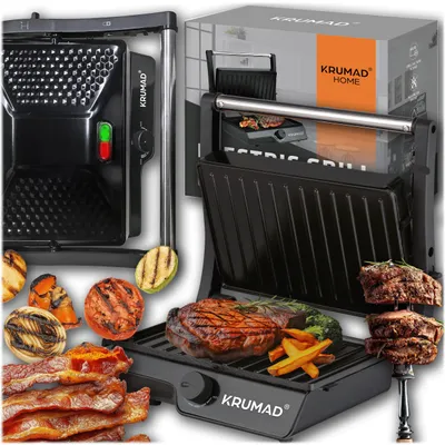 A collage of images showcasing a KRUMAD electric grill and various grilled foods.