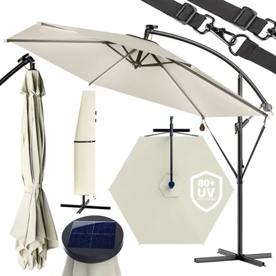 Produktbild von KINGSLEEVE® Ampelschirm LED Beleuchtung UV Schutz 80+ Solar Ständer Schutzhülle 350cm Groß Kurbel Balkon Terrasse Gartenschirm Sonnenschirm Creme