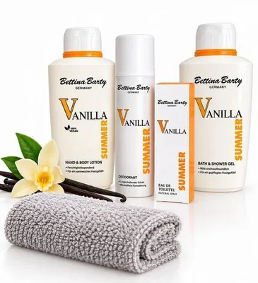 Produktbild von Bettina Barty Summer Vanilla Geschenkset – Duschgel, Bodylotion, Deospray, EDT & Waschhandschuh