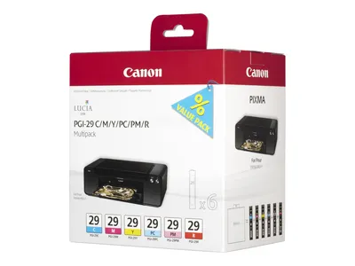 Produktbild von Canon PGI-29 C/M/Y/PC/PM/R Multipack mit 6 Tinten, Cyan, Magenta, Foto zyan, Foto magenta, Rot, Gelb, Tinte auf Pigmentbasis, Tinte auf Pigmentbasis, 6 Stück(e), 1345 Seiten, Multipack