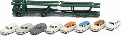 Produktbild von Herpa 941464 MB NG Autotransporter-Hängerzug mit 8 Trabant 601 1:87