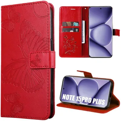 Image de Coque pour Xiaomi Redmi Note 15 Pro Plus 5G, Cuir Synthétique Antichoc Motif Papillon Rouge