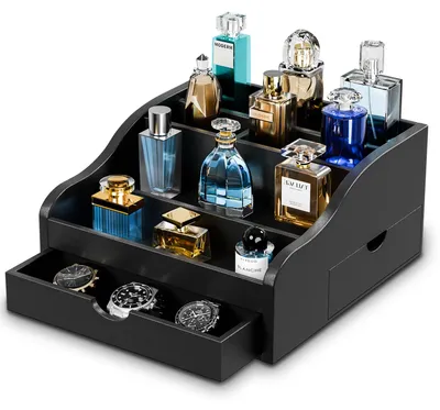 4-stufiger Parfum-Organizer aus Holz, 2 Schubladen, verstecktes Fach