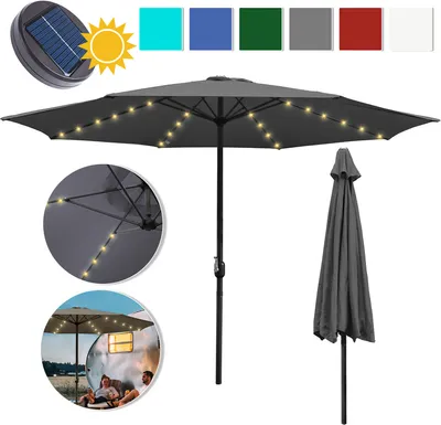 Immagine prodotto di EINFEBEN 3m ombrellone da giardino ombrellone da esterno UV40+ ombrellone da mercato con LED solare da giardino, grigio, 3m