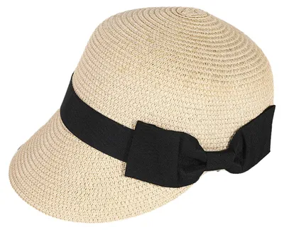 Produktbild von Strohhut mit breiter schwarzer Schleife, gewölbter, flacher Krempe, Baseballkappe, leicht, atmungsaktiv, Sonnenschutz
