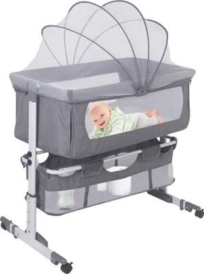 Produktbild von Beistellbett Baby, 2 in 1 Babybett und Babywiege, Kinderbett mit Rollen, Moskitonetz Höhenverstellbar 92x58x70-90cm Grau