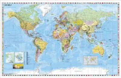 Obrázek produktu pro Weltkarte deutschsprachig. Wandkarte mit Flaggenrand