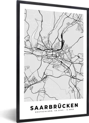 Produktbild von MuchoWow® Gerahmtes Poster Stadtplan - Karte - Deutschland - Saarbrücken 20x30 cm - Poster mit Schwarzem Bilderrahmen Wandposter Rahmen Foto Bilder - Drucken - Bilder Poster im Rahmen