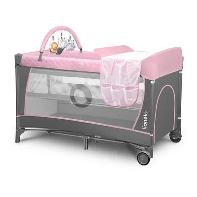 Produktbild von Lionelo Flower Reisebett Baby Laufstall Baby mit Seiteneingang Wickeltisch zwei Matratzenaufhängungshöhen Spielzeugbogen mit Spielfiguren Rollen Tragetasche