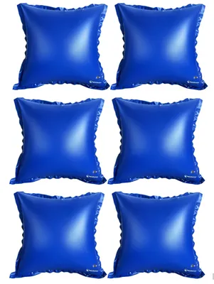 Six blue inflatable cushions arranged in two columns and three rows against a white background.