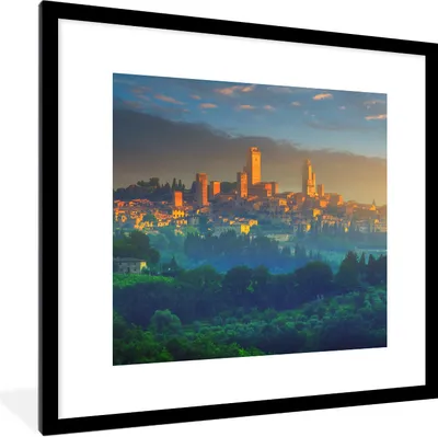 Produktbild von MuchoWow® Gerahmtes Poster Sonnenaufgang über San Gimignano in der Toskana, Italien 40x40 cm - Poster mit Schwarzem Bilderrahmen Wandposter Rahmen Foto Bilder - Poster - Plakat im Rahmen