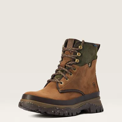 A single brown and green boot is shown against a white background.