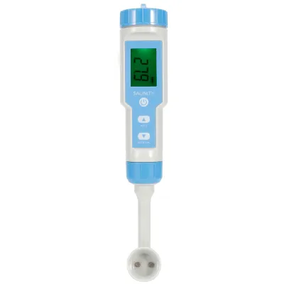 A digital salinity meter with a blue cap and accents, a digital display showing '2.79', and a white probe.