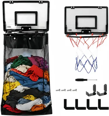 Produktbild von 2-in-1 Basketball Wäschesammler, Hänge-Wäschekorb Tür(ohne Bohren), 40 x 26 cm Acryl, Wäschesack Kinderzimmer, Platzsparend, Ordnung mit Spaß Wäsche