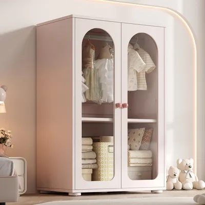 Image de Armoire à 2 portes Clinvia 80 × 50 × 120 cm, armoire laquée, meuble de rangement pour chambre à coucher, armoire pour enfant, avec tringle à vêtements, portes transparentes en acrylique, poignées en céramique, rose pâle