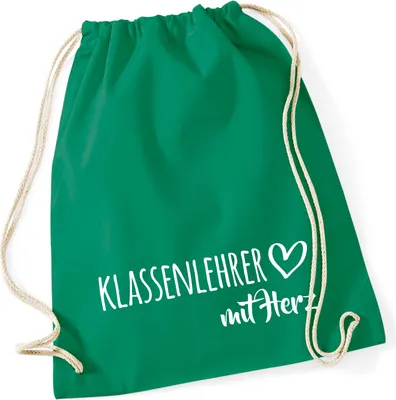 Produktbild von Huuraa Turnbeutel Klassenlehrer mit Herz 12 Liter Kelly Green Baumwolle Rucksack Geschenkidee