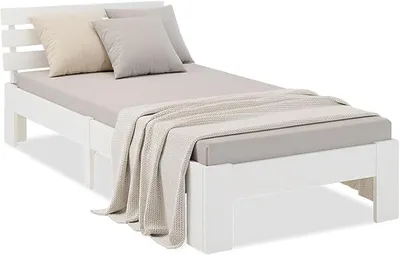 Produktbild von Bett 90x200 mit Lattenrost Weiß Einzelbett | Holzbett 90x200 Kiefer Jugendbett Kinderbett Gästebett Bettgestell Massivholz