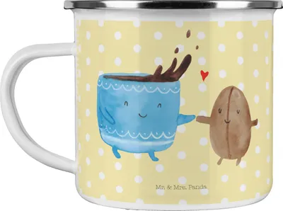 Produktbild von Mr. & Mrs. Panda Emaille Becher Kaffee Bohne - Gelb Pastell - Geschenk, Pott, Glück, Lustige Sprüche, Kaffeebohne, Teetasse, Zufriedenheit, Kaffeepott, emaillebecher