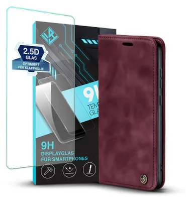 Produktbild von Handy Hülle für Samsung Galaxy S23 mit 9H Displayglas Klapphülle Bookcase Flip Cover Handy Tasche Etui Farbe: Weinrot