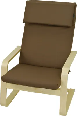 A close-up studio shot of a chair cushion set on a wooden chair frame.