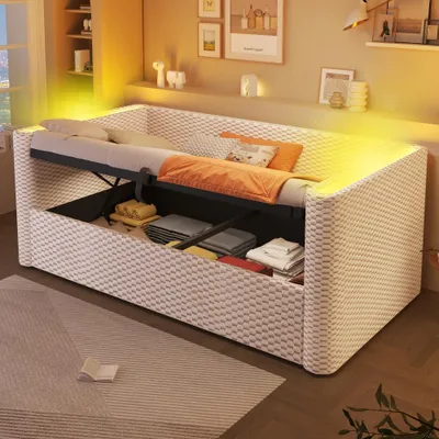 Produktbild von Tagesbett,Daybett, Schlafsofa, LED-Lichtleiste, mit hydraulischem Stauraummechanismus, Lattenrost (ohne Matratze), Samt, 90x200cm, Beige