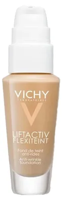 Imagen del producto de Vichy Liftactiv Flexiteint, envase con bomba, color beige, antiedad, efecto lifting, suavizante, aspecto natural. Ingredientes: AQUA / WATER - DIMETHICONE - PHENYL TRIMETHICONE - ETHYLHEXYL METHOXYCINNAMATE - CYCLOHEXASILOXANE..., 30 ml