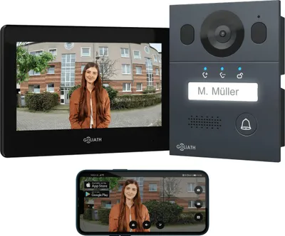 Produktbild von GOLIATH Basic Video Türsprechanlage, 2 Draht Bus, 7" Monitor, Unterputz Türklingel mit Kamera, Gegensprechanlage mit Türöffner und Klingel, 1 Familienhaus, Plug & Play, Smartphone App, AV-BLS-02U