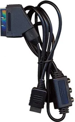 A black video cable with multiple connectors, including a SCART connector and RCA audio connectors.