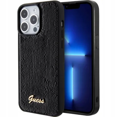 Produktbild von Guess Pailletten Script Metallhlle fr iPhone 15 Pro  Schwarz Handyhlle