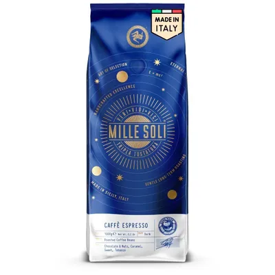 Produktbild von Mille Soli Caffè Espresso 1kg - Kaffeebohnen in Sizilien traditionell Handgeröstet - dunkle Röstung -Schokoladig - Nussig - 1000g ganze Bohnen
