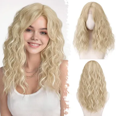Productafbeelding van Middelgange, golvende pruik, blond met highlights, 50 cm, synthetisch, krullend, met pony