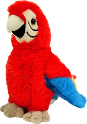 A stuffed toy parrot against a white background.