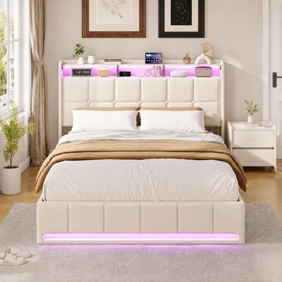 Image de INONEFT, lit rembourré 160x200 cm avec éclairage LED et ports USB, lit pour adolescents, lit double avec espace de rangement, tête de lit, lit à lattes relevables hydrauliques, couleur beige, Image générée par une IA