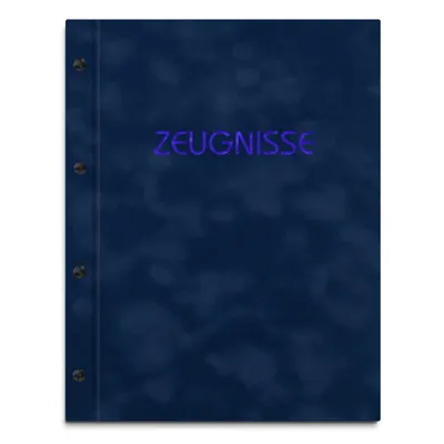 Produktbild von Zeugnismappe im blauen Samteinband mit hochwertigem Prägedruck in blau – handgefertigte Mappe für Zeugnisse inkl. 12 Sichthüllen