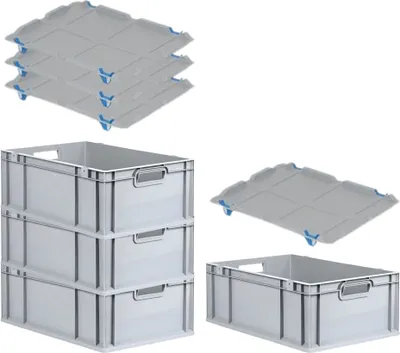 Produktbild von SuperSparSet 4x Eurobox NextGen Economy mit Auflagedeckel und 4x Schiebeschnappverschlüsse Blau | Griffe offen | HxBxT 22x40x60cm | 44 Liter | Eurobehälter, Transportbox, Transportbehälter, Stapelbehälter