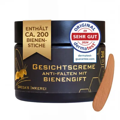 Produktbild von Bienengift Anti-Aging Gesichtscreme 50ml LSF 30 | Grega's Imkerei | Manuka Hyaluron Creme mit "Sehr gut" Derma Test | Inkl. Massivholz-Spatel