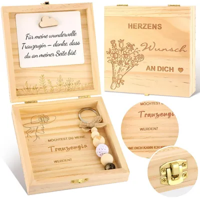 Immagine prodotto di Scatola regalo in legno per chiedere a una damigella d'onore, con incisione e biglietto di auguri, dimensioni 18 x 14 x 3,5 cm