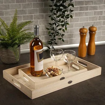 Image de Set de 3 plateaux de service en bois, marron rustique