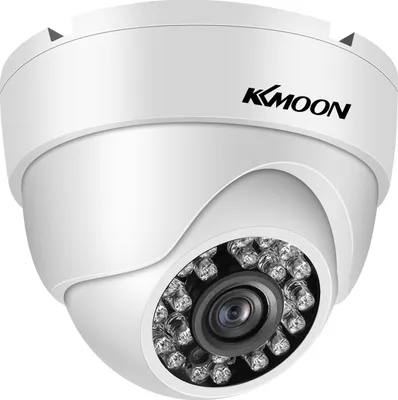 A white dome security camera with a black logo and visible infrared LEDs.
