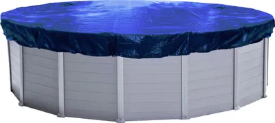 An above-ground swimming pool covered with a blue tarp.