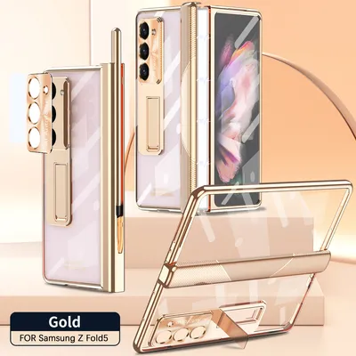 Immagine prodotto di Custodia per Samsung Galaxy Z Fold 5 con cerniera magnetica, supporto, portapenne, lente e protezione dello schermo Oro