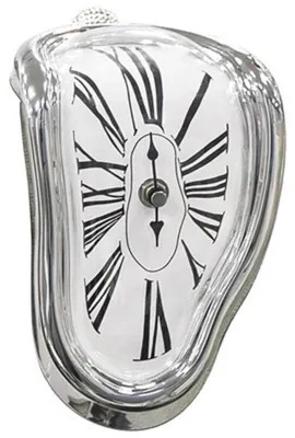 Immagine prodotto di Orologio in plastica dall'effetto "che si scioglie", stile retrò, decorativo, finitura metallica galvanizzata, da scrivania, da tavolo per ufficio, argento