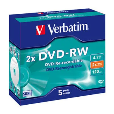 Produktbild von Verbatim Wiederbeschreibbare DVD - DVD-RW Rohling - 4,70 GB - 2x Schreibgeschwindigkeit - 5er CD-Hülle - 120mm - 2 Stunde(n) Maximale Aufnahmezeit