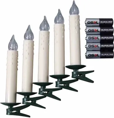 A set of five battery-operated LED candles with clips and a stack of batteries.